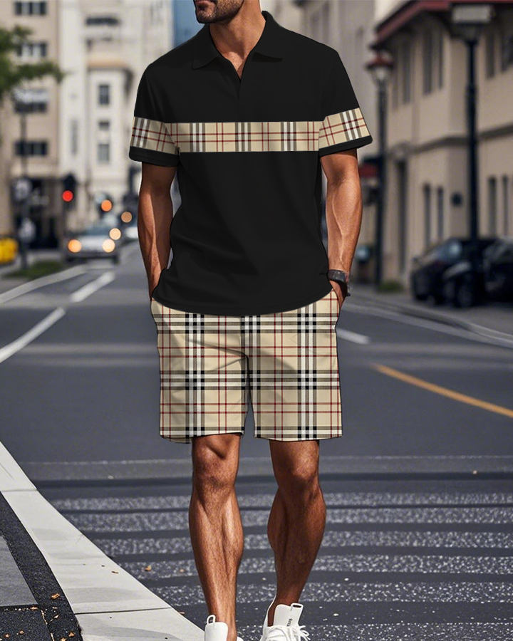 Men's Daily Plaid Print Short Sleeve Shorts Set