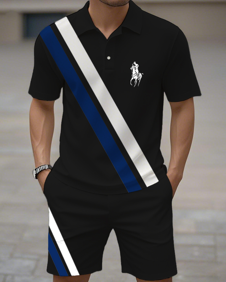 Men's Seaside Cool Black White Blue Striped Shirt Set
