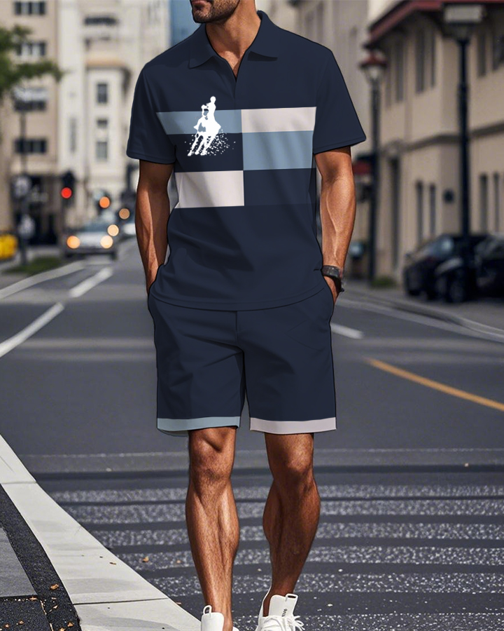 Men's Coastal Style Dark Blue Contrast Pattern POLO Shirt Set