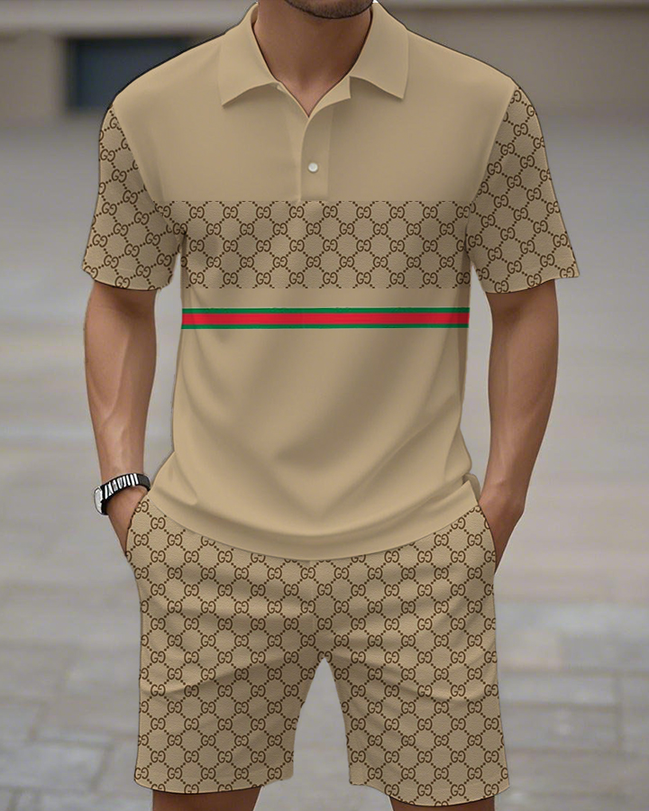 Men's Classic Red And Green Striped Fashion Printed Shirt Suit