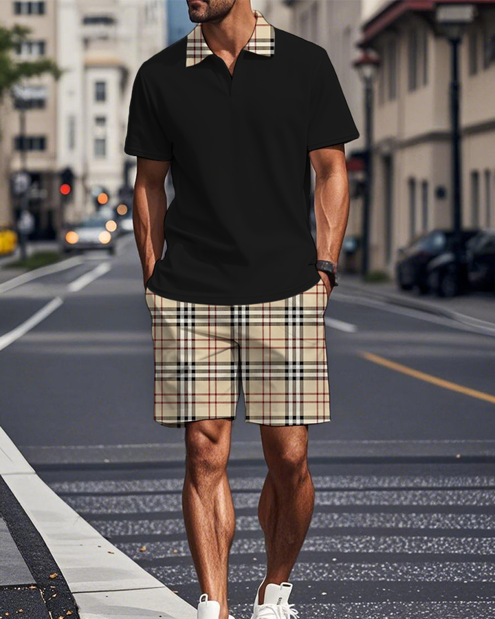 Men's Classic Black Plaid Shorts And Shirt Set Shows British Style