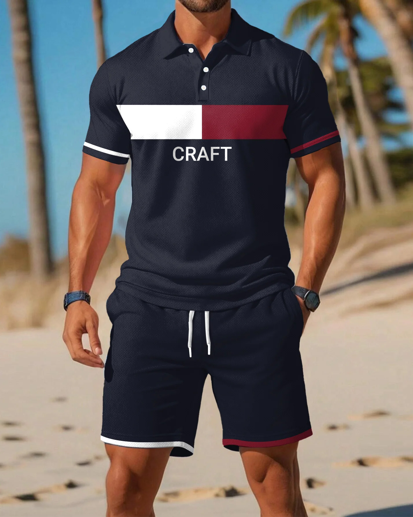 Men's Daily Casual Blue Geometric Stitching POLO Short Sleeve Shorts Suit