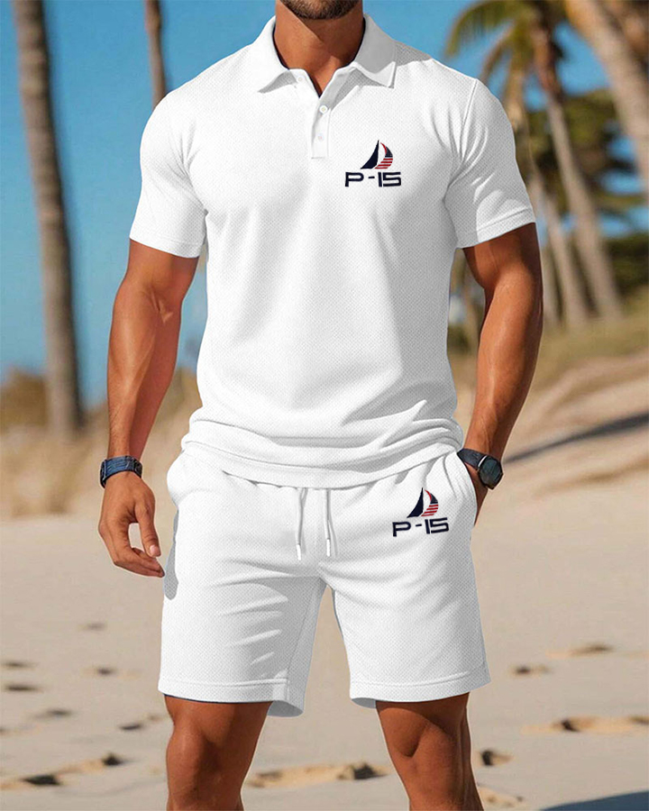 Men's Summer Seaside Collection Tricolor Sailboat Printed Casual Holiday Style POLO Shirt Set