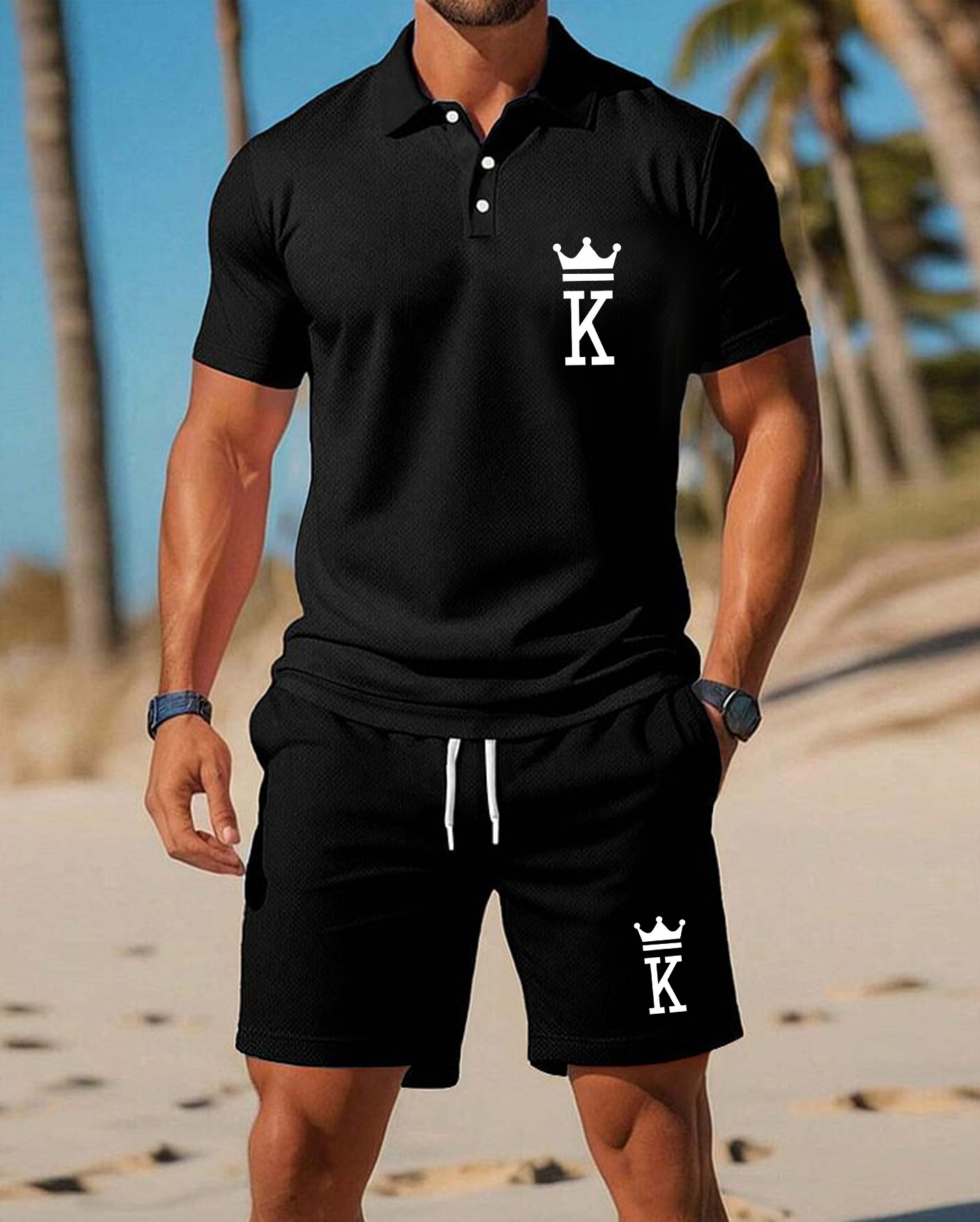 Men's Summer Beach Crown K Print Resort Style POLO Shirt Set