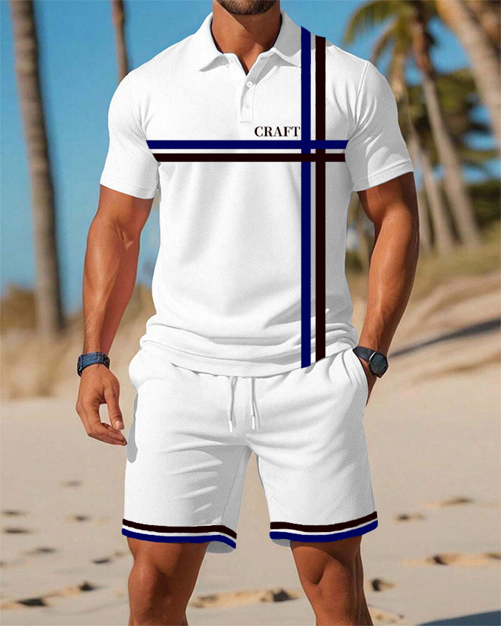 Men's Daily White Print POLO Short Sleeve Shorts Suit