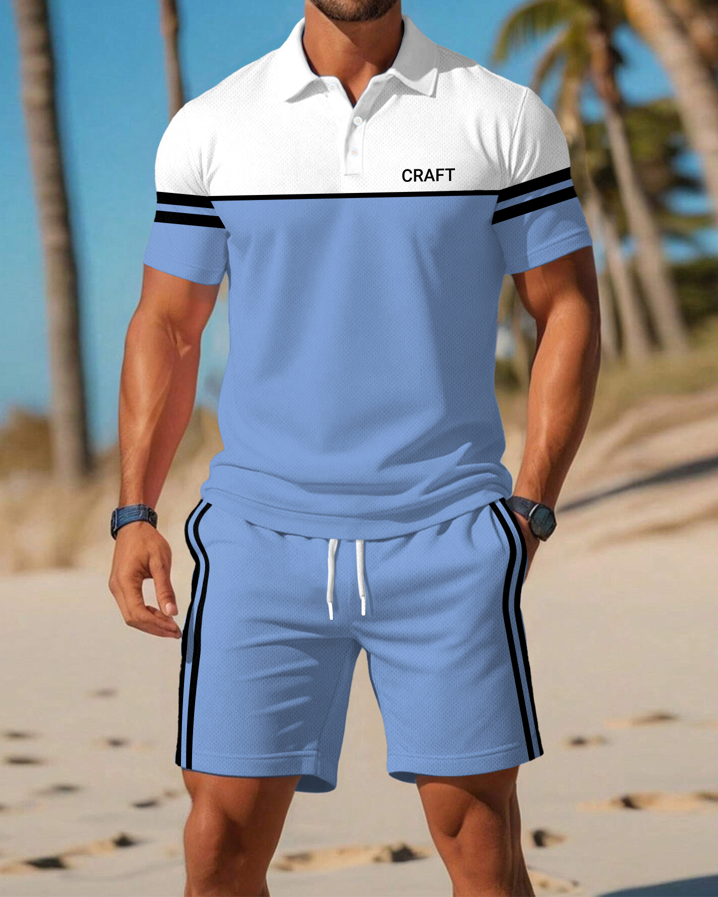 Men's Daily Casual Blue Simple Stitching POLO Short Sleeve Shorts Suit