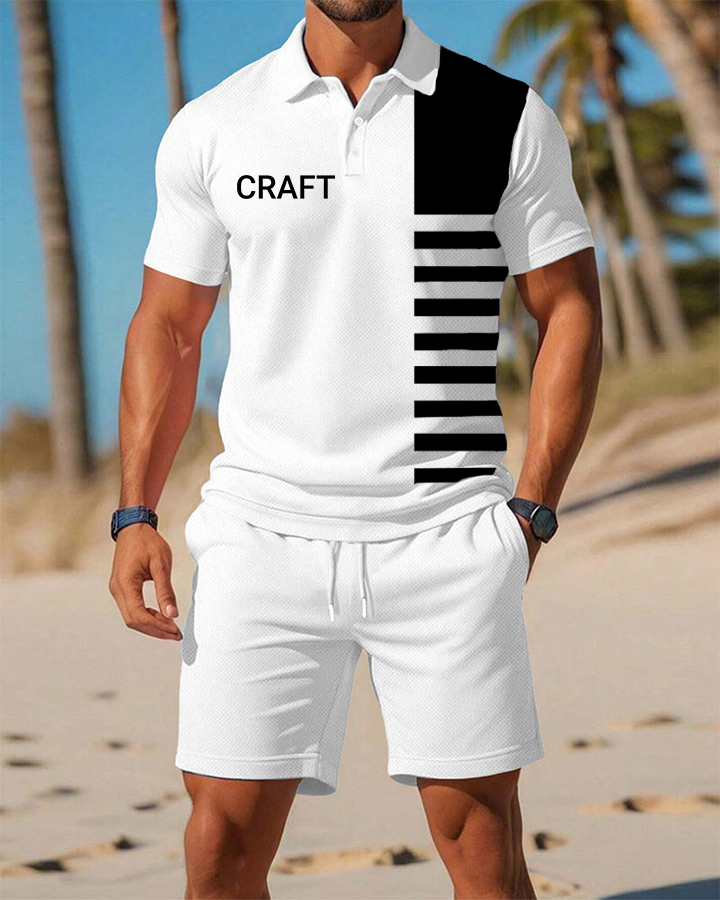 Men's Vintage Black Striped POLO Short Sleeve Shorts Suit