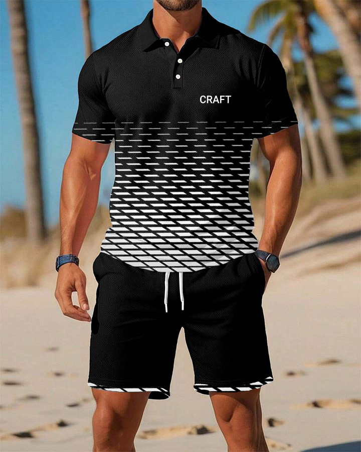 Men's Daily Geometric Pattern POLO Print POLO Short-Sleeved Shorts Suit