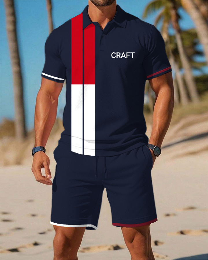 Men's Daily Black POLO Print POLO Short-Sleeved Shorts Suit