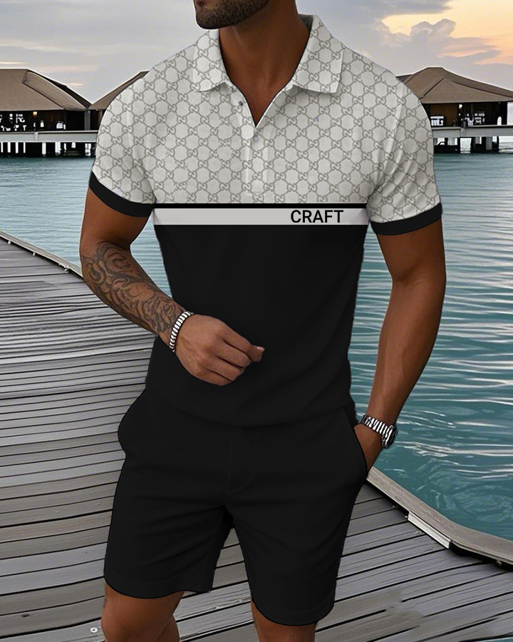 Color-Blocked Boss Graphic POLO Shirt Shorts Set