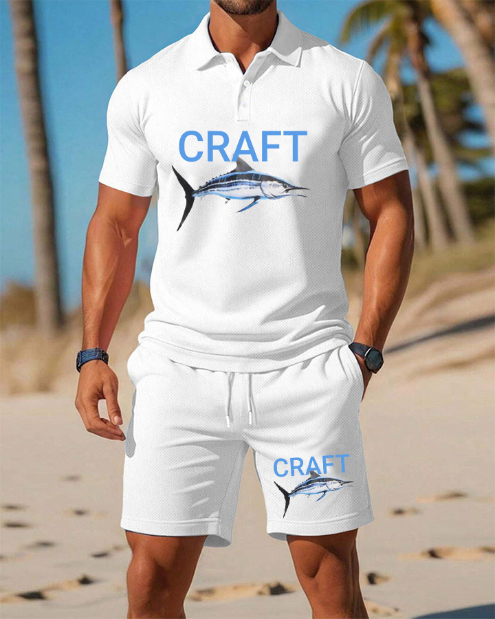 Men��s Summer Beach Shark Print Art Deco Fashion POLO Shirt Set