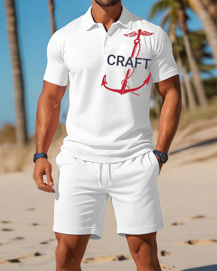 Men's Summer Beach Series White Print Casual Resort Style Polo Shirt Set