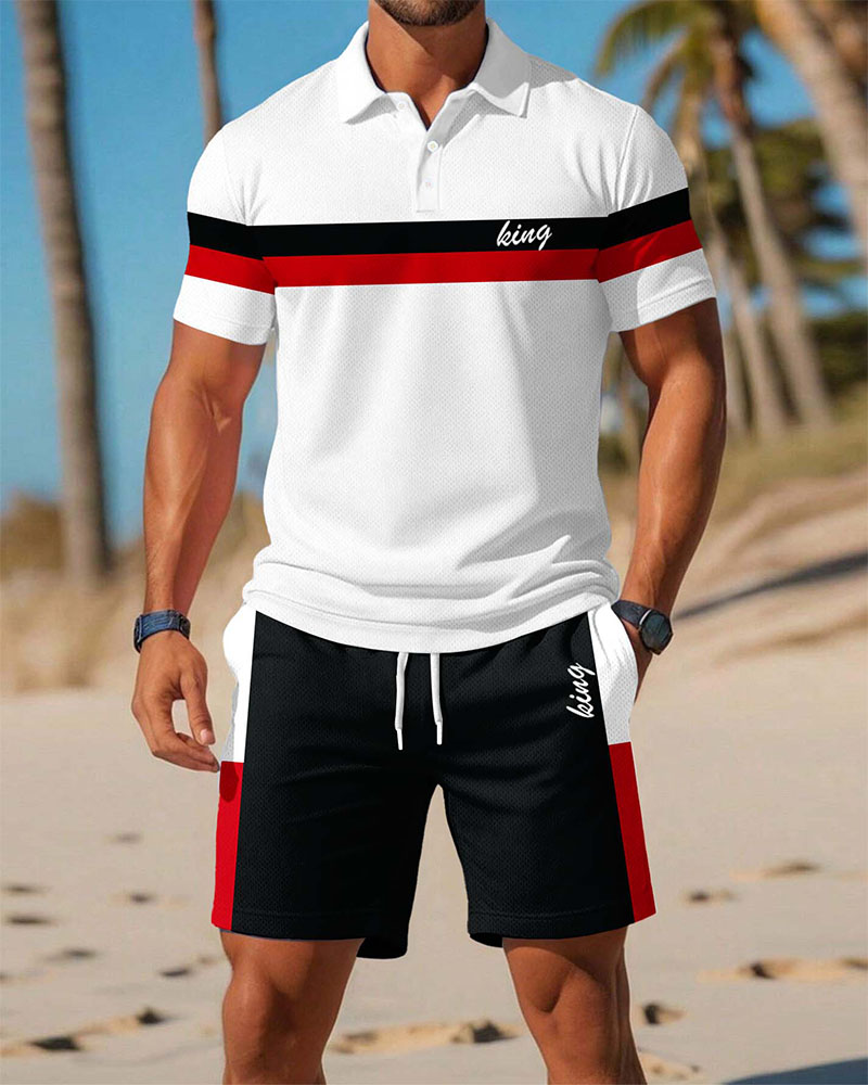 Men's Daily Casual Striped Alphabet Print POLO Collar Short Sleeve Shorts Suit