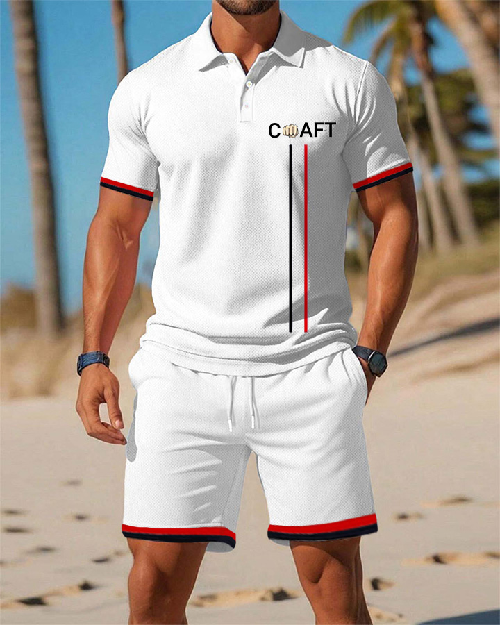 Men's Summer Beach Series Black And Red Striped CRAFT Printed Shirt Suit
