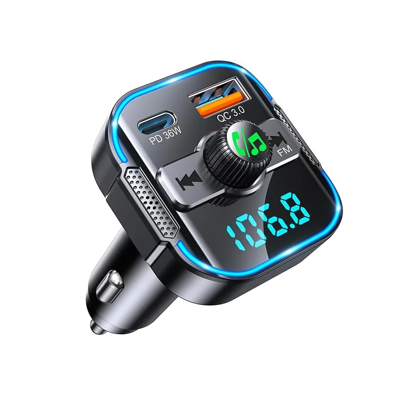 2-in-1 Bluetooth Adapter Auto & Schnelles Autoladegerät (PD 36W & QC3.0 18W) - Neuester FM Transmitter Zigarettenanzünder mit Dual Mikrofon, unterstützt Siri-Assistent & Freisprecheinrichtung