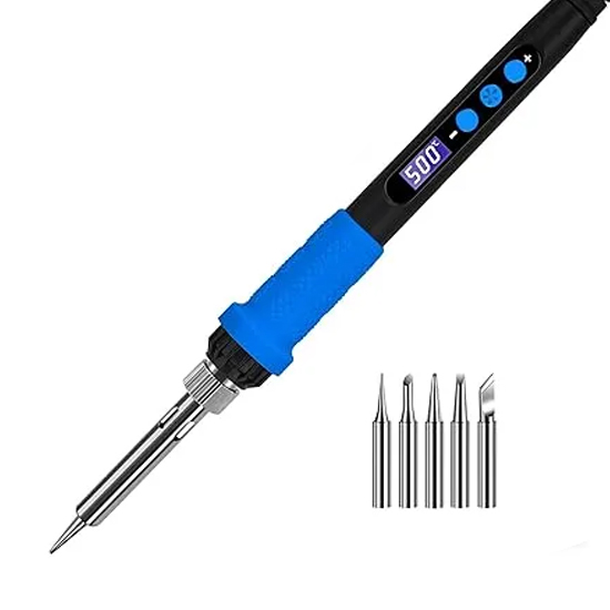 Lötkolben-Set mit LCD-Anzeige, 100W LED-Display einstellbare Temperatur, Lötkolben mit automatischem Schlafmodus, Lötpistole mit 5 Lötspitzen, Lötzinn, Ständer, Schweißwerkzeug Blau