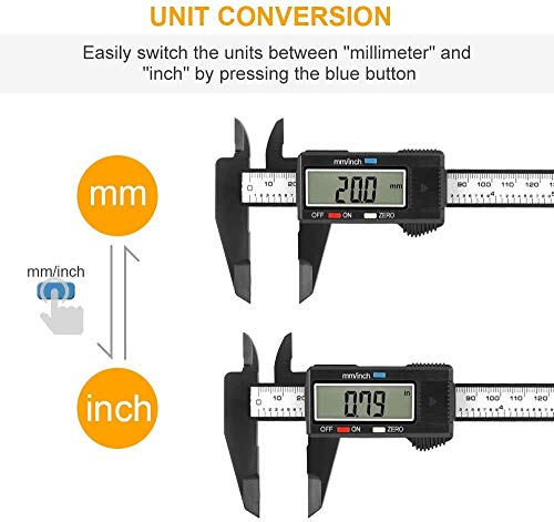 Schieblehre Digital Messschieber, 150MM/6 Zoll Digitaler Messschieber Kohlefaser mit großem LCD-Display für Außen-, Innen- Und Tiefenmaß mit 2 Ersatzbatterie (RM)