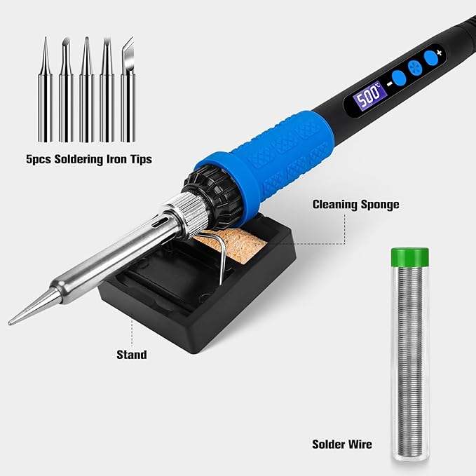Lötkolben-Set mit LCD-Anzeige, 100W LED-Display einstellbare Temperatur, Lötkolben mit automatischem Schlafmodus, Lötpistole mit 5 Lötspitzen, Lötzinn, Ständer, Schweißwerkzeug Blau