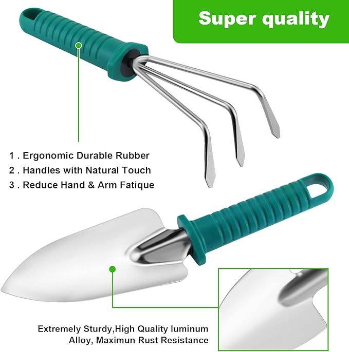 eROOSY Gartenwerkzeug, Gartengeräte Gartenwerkzeug Set aus Edelstahl Gartenarbeit Set mit Koffer, Geschenk für Gartenliebhaber (Grün)