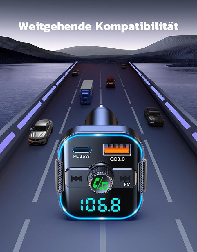 2-in-1 Bluetooth Adapter Auto & Schnelles Autoladegerät (PD 36W & QC3.0 18W) - Neuester FM Transmitter Zigarettenanzünder mit Dual Mikrofon, unterstützt Siri-Assistent & Freisprecheinrichtung