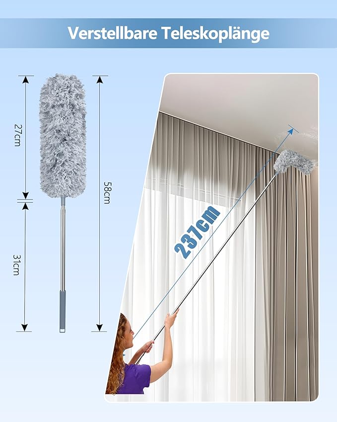 Fogray Staubwedel Teleskop Waschbar Duster Lang Ausziehbar Bis 237cm, Staubwischer mit Teleskopstange, Staubmagnet Verbiegbare Staubfänger Spinnenwebenentferner für hohe Decken Deckenventilator Grau