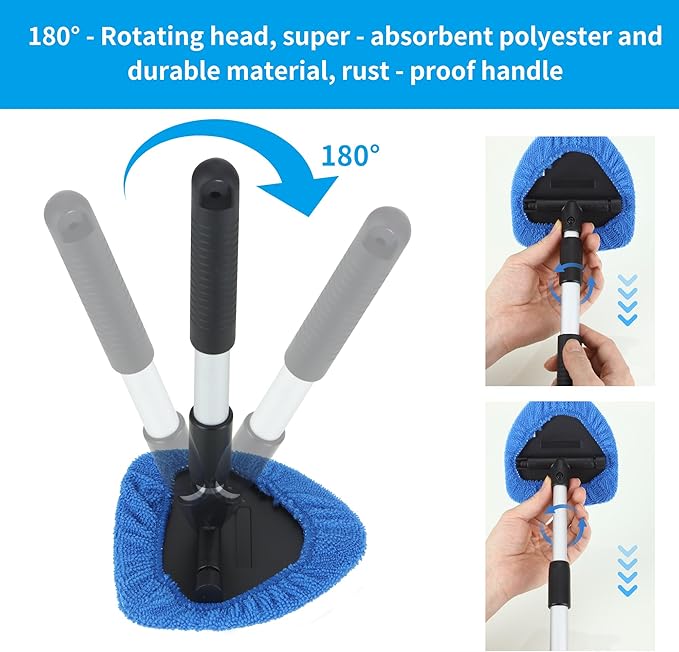 BUCOMTU Windschutzscheiben Reiniger, Autofensterreiniger, Windschutzscheiben Reinigungswerkzeug, 180 Grad schwenkbar und einziehbar, mit 6 Mikrofaserpads und Klimaanlagenbürste