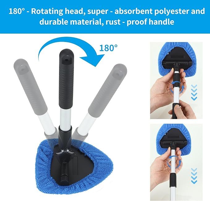 BUCOMTU Windschutzscheiben Reiniger, Autofensterreiniger, Windschutzscheiben Reinigungswerkzeug, 180 Grad schwenkbar und einziehbar, mit 6 Mikrofaserpads und Klimaanlagenbürste
