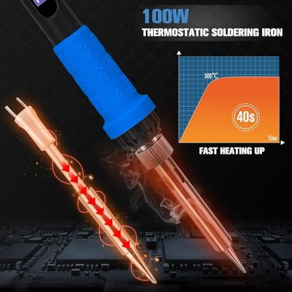 Lötkolben-Set mit LCD-Anzeige, 100W LED-Display einstellbare Temperatur, Lötkolben mit automatischem Schlafmodus, Lötpistole mit 5 Lötspitzen, Lötzinn, Ständer, Schweißwerkzeug Blau