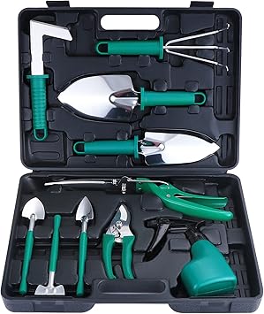 eROOSY Gartenwerkzeug, Gartengeräte Gartenwerkzeug Set aus Edelstahl Gartenarbeit Set mit Koffer, Geschenk für Gartenliebhaber (Grün)