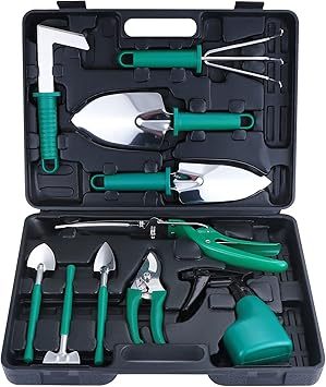 eROOSY Gartenwerkzeug, Gartengeräte Gartenwerkzeug Set aus Edelstahl Gartenarbeit Set mit Koffer, Geschenk für Gartenliebhaber (Grün)