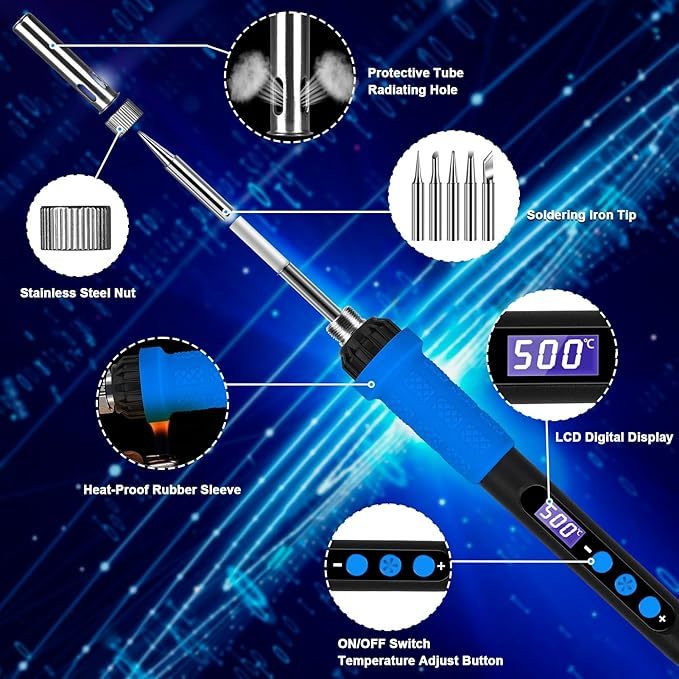 Lötkolben-Set mit LCD-Anzeige, 100W LED-Display einstellbare Temperatur, Lötkolben mit automatischem Schlafmodus, Lötpistole mit 5 Lötspitzen, Lötzinn, Ständer, Schweißwerkzeug Blau
