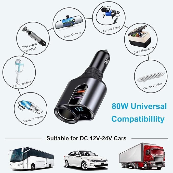5 in 1 Auto Ladegerät [PD3.0 &100W DUAL QC3.0] Zigarettenanzünder USB Verteiler 12V 24V KFZ Ladegerät Schnellladung USB Adapter Steckdose für iPhone16/15, Samsung, Huawei GPS Dash Kamera