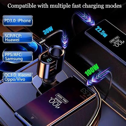 5 in 1 Auto Ladegerät [PD3.0 &100W DUAL QC3.0] Zigarettenanzünder USB Verteiler 12V 24V KFZ Ladegerät Schnellladung USB Adapter Steckdose für iPhone16/15, Samsung, Huawei GPS Dash Kamera