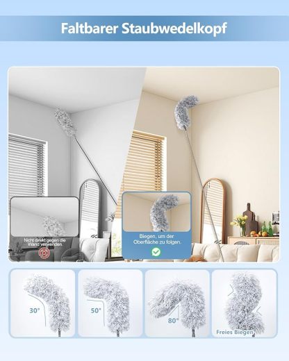 Fogray Staubwedel Teleskop Waschbar Duster Lang Ausziehbar Bis 237cm, Staubwischer mit Teleskopstange, Staubmagnet Verbiegbare Staubfänger Spinnenwebenentferner für hohe Decken Deckenventilator Grau