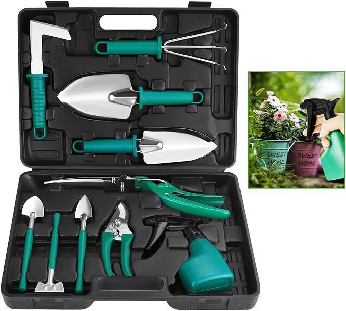 eROOSY Gartenwerkzeug, Gartengeräte Gartenwerkzeug Set aus Edelstahl Gartenarbeit Set mit Koffer, Geschenk für Gartenliebhaber (Grün)