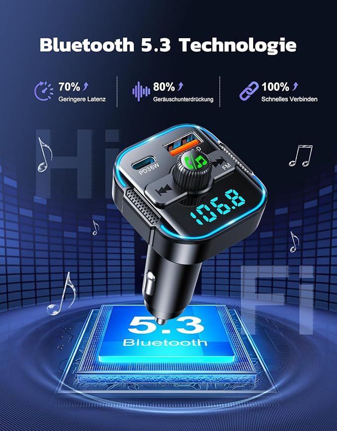 2-in-1 Bluetooth Adapter Auto & Schnelles Autoladegerät (PD 36W & QC3.0 18W) - Neuester FM Transmitter Zigarettenanzünder mit Dual Mikrofon, unterstützt Siri-Assistent & Freisprecheinrichtung