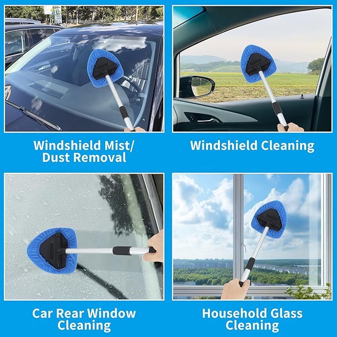 BUCOMTU Windschutzscheiben Reiniger, Autofensterreiniger, Windschutzscheiben Reinigungswerkzeug, 180 Grad schwenkbar und einziehbar, mit 6 Mikrofaserpads und Klimaanlagenbürste