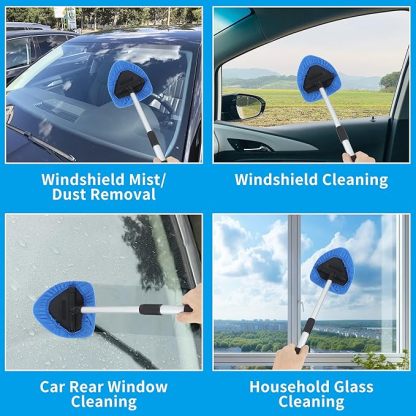 BUCOMTU Windschutzscheiben Reiniger, Autofensterreiniger, Windschutzscheiben Reinigungswerkzeug, 180 Grad schwenkbar und einziehbar, mit 6 Mikrofaserpads und Klimaanlagenbürste