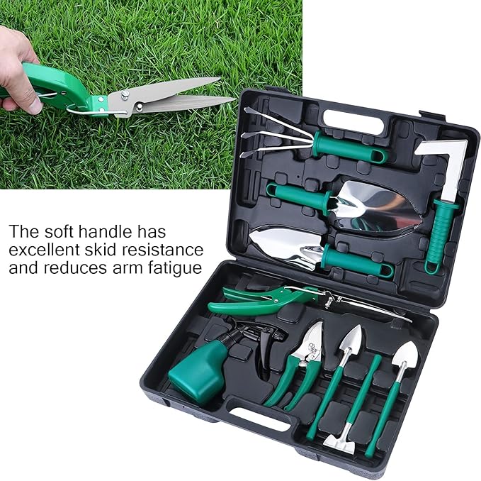 eROOSY Gartenwerkzeug, Gartengeräte Gartenwerkzeug Set aus Edelstahl Gartenarbeit Set mit Koffer, Geschenk für Gartenliebhaber (Grün)