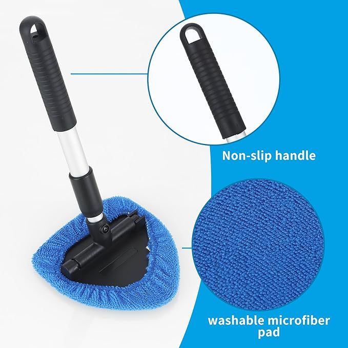 BUCOMTU Windschutzscheiben Reiniger, Autofensterreiniger, Windschutzscheiben Reinigungswerkzeug, 180 Grad schwenkbar und einziehbar, mit 6 Mikrofaserpads und Klimaanlagenbürste