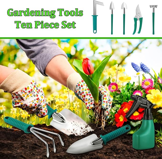 eROOSY Gartenwerkzeug, Gartengeräte Gartenwerkzeug Set aus Edelstahl Gartenarbeit Set mit Koffer, Geschenk für Gartenliebhaber (Grün)