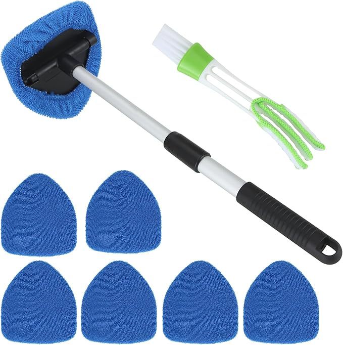 BUCOMTU Windschutzscheiben Reiniger, Autofensterreiniger, Windschutzscheiben Reinigungswerkzeug, 180 Grad schwenkbar und einziehbar, mit 6 Mikrofaserpads und Klimaanlagenbürste