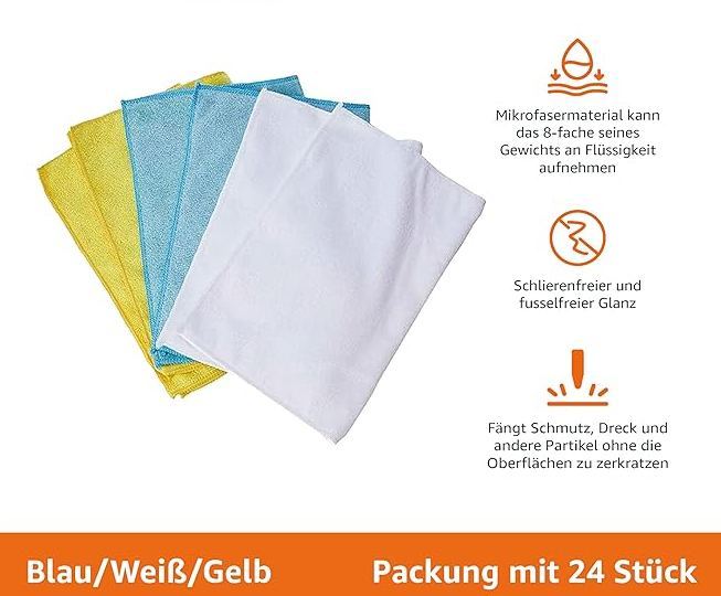 Amazon Basics Mikrofaser - Reinigungstuch, 30 x 41 cm, 24 Stück, 40.5 cm x 30.5 cm, Mehrfarbig