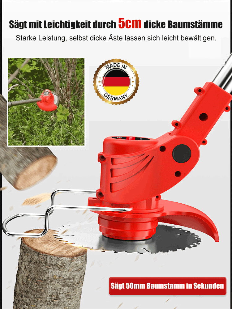 Ultraleichter Akku-Rasentrimmer, 2-in-1 Freischneider & Astsäge! Trimmt 100 m² Rasen in nur 3 Minuten. 