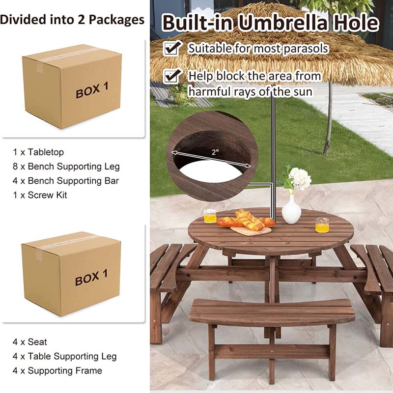 Eletriclife 8-Person Outdoor Wooden Round Picnic Dining Table Bench Set