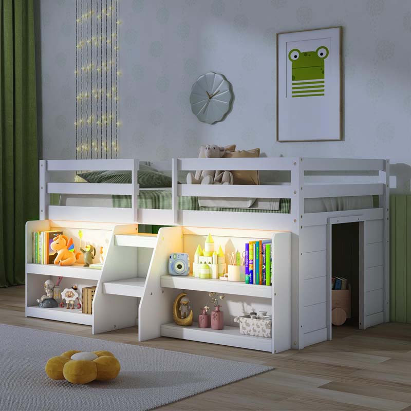 Eletriclife Twin Size Loft Bed with LED Lights with Staircase and Safety Guardrail