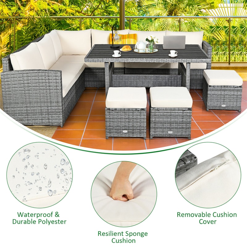 7 PCS Rattan Patio Dining Furniture Sectional Sofa Set with Wicker Ottomans