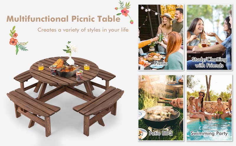 Eletriclife 8-Person Outdoor Wooden Round Picnic Dining Table Bench Set