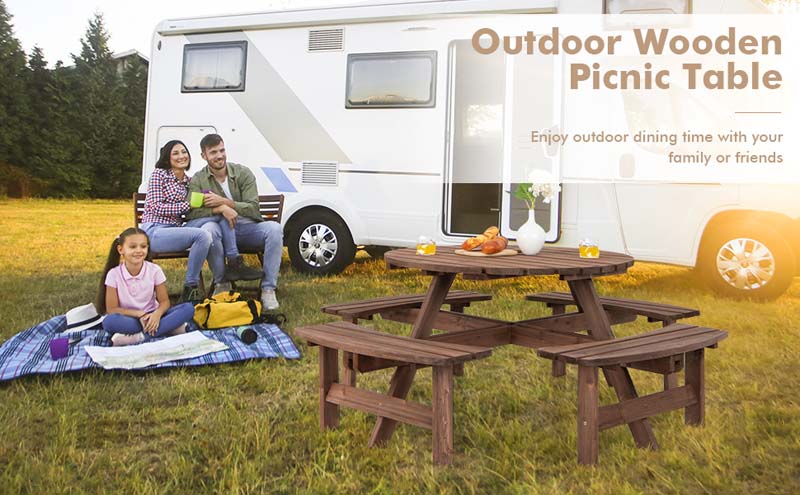Eletriclife 8-Person Outdoor Wooden Round Picnic Dining Table Bench Set