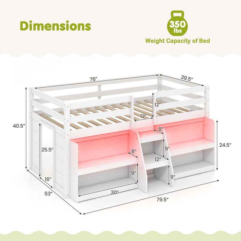 Eletriclife Twin Size Loft Bed with LED Lights with Staircase and Safety Guardrail